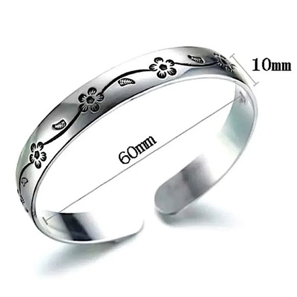 Sterling Silver Flower Bangle Adjustable Cuff Bangle Bracelet - Picture 5 of 5